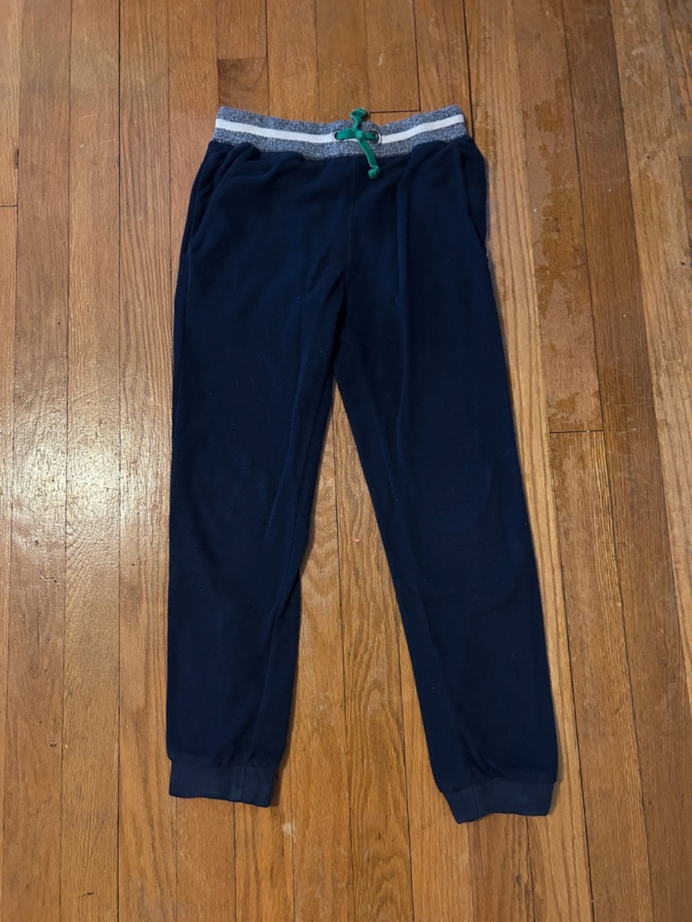 Mini Boden Navy Joggers with Striped Waistband and Green Drawstring